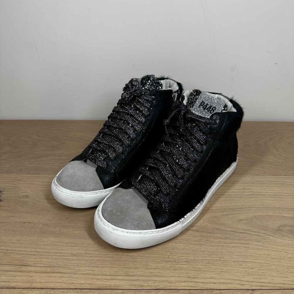 P448 High Top Sneaker Women 7.5-8 Black Pony Hair Gray Suede Glitter Streetwear